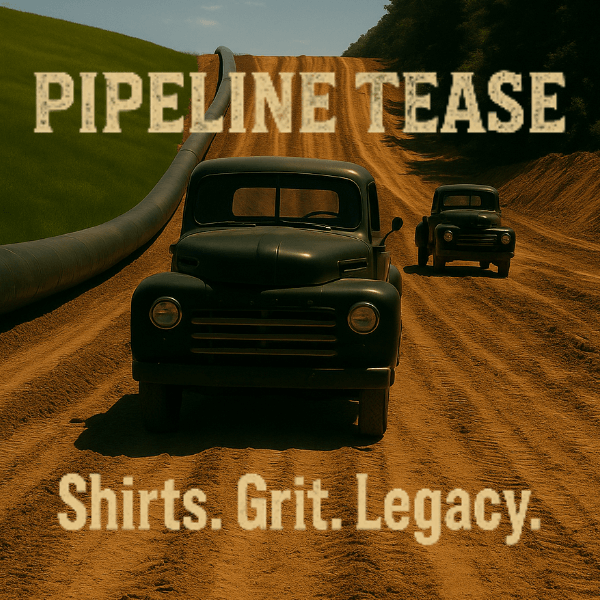 “Vintage pipeline truck hauling on a muddy ROW — Pipeline Tease apparel banner featuring the slogan: Shirts. Grit. Legacy.”