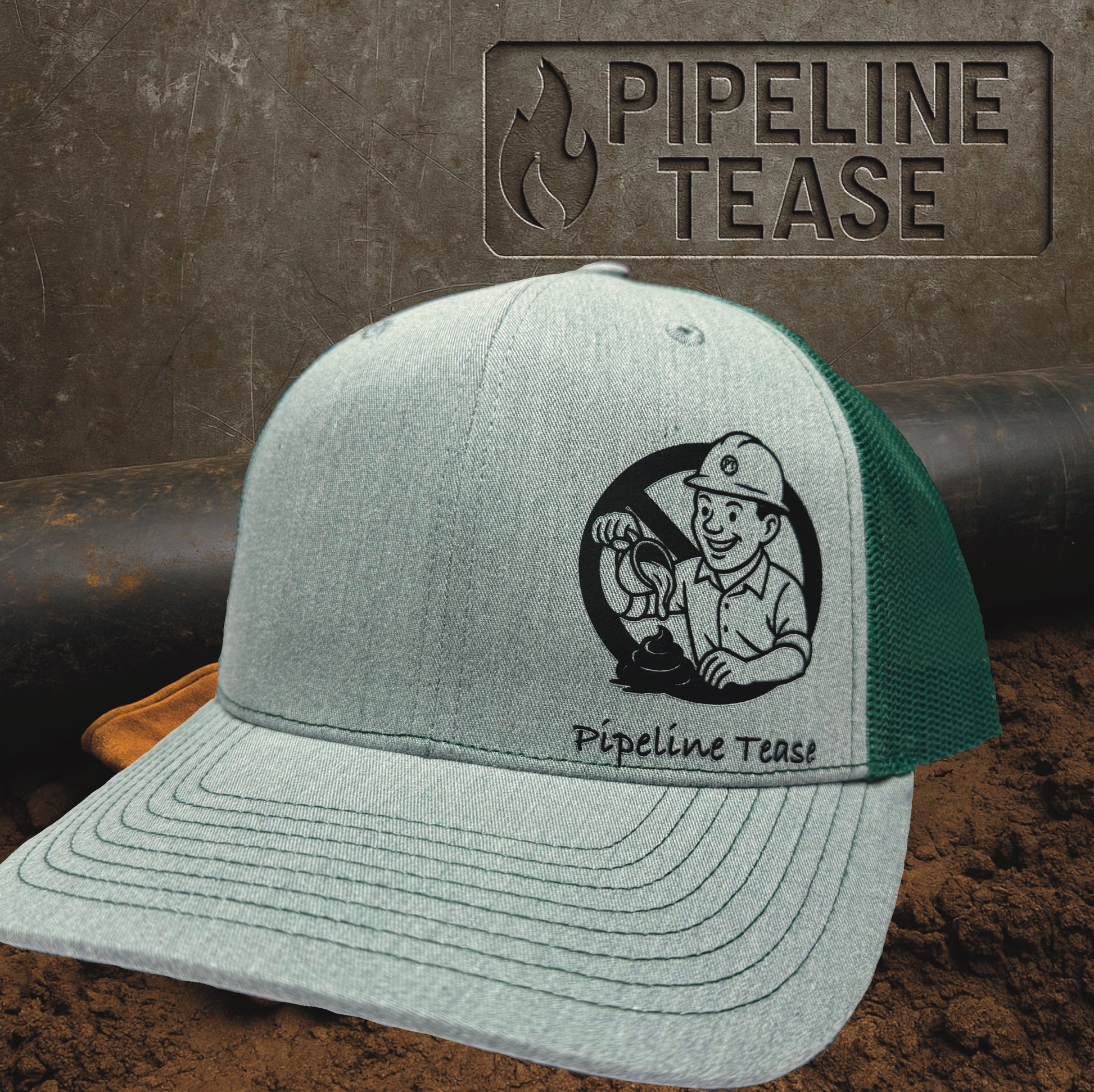 Heather grey and green trucker hat featuring the Pipeline Tease black No Sugar Coating logo, displayed on a dirt jobsite background with Pipeline Tease branding.
