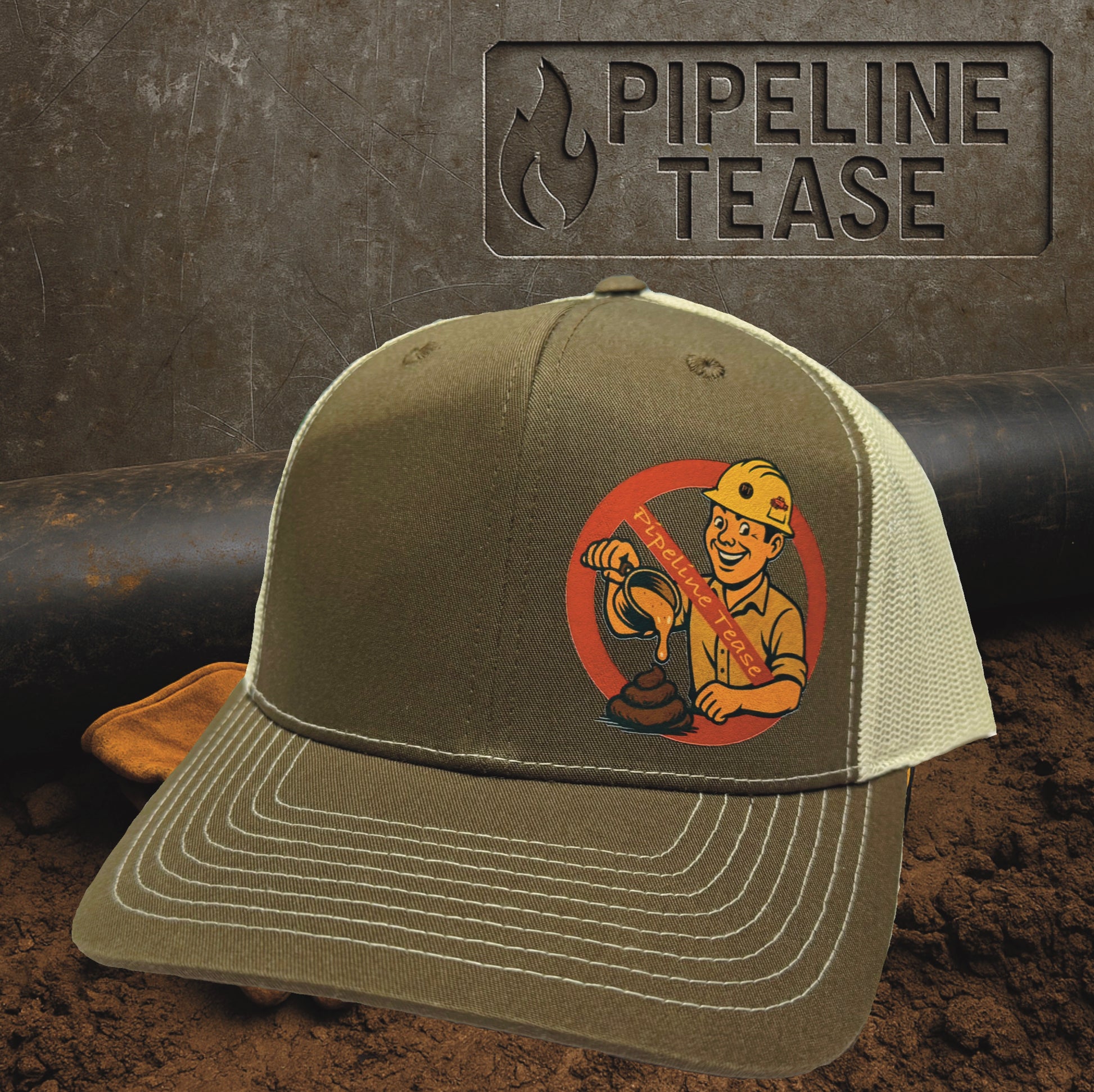 OD green and khaki trucker hat featuring the Pipeline Tease color No Sugar Coating logo, displayed on a dirt jobsite background with Pipeline Tease branding.