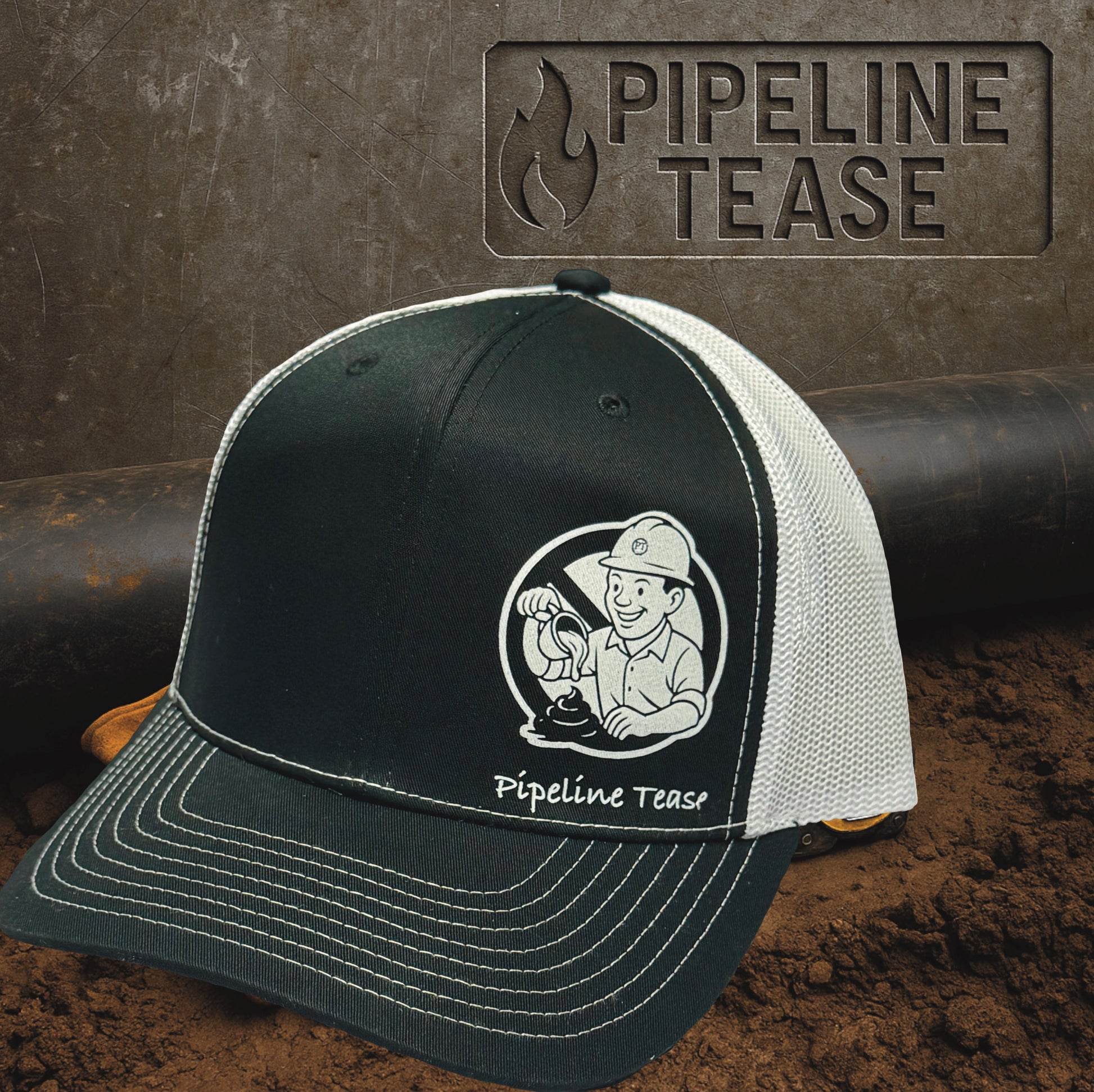 Black and white trucker hat featuring Pipeline Tease white No Sugar Coating logo, displayed on dirt jobsite background with Pipeline Tease branding.